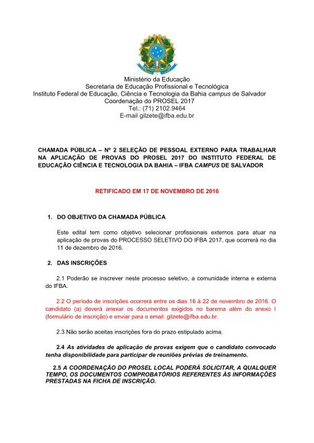 Abertas inscrições para Processo Seletivo 2017 do IFBA