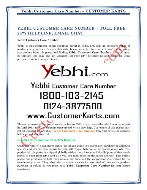 Yebhi Customer Care Number