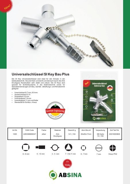 Absina Universal- Schaltschrankschlüssel Katalog 2017