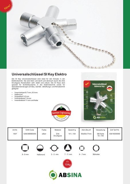 Absina Universal- Schaltschrankschlüssel Katalog 2017