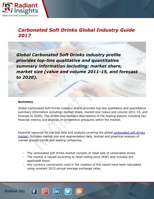 2017 Market Research explores the Carbonated Soft Drinks Global Industry Guide:Radiant Insights, Inc