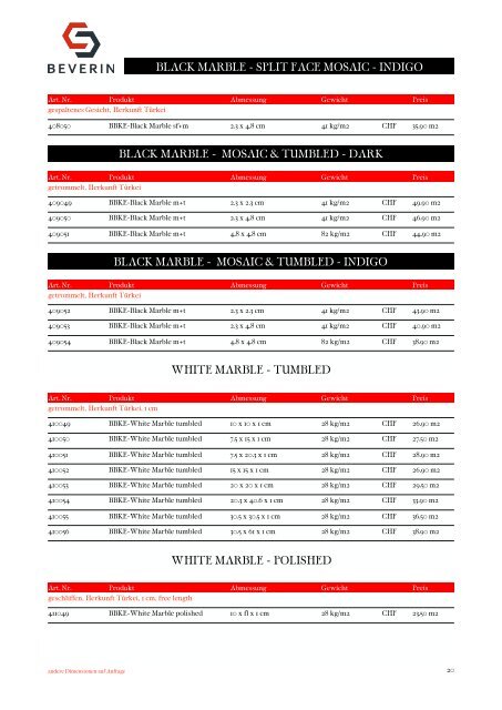 Beverin Idustries - Baukeramik & Natursteine Preisliste 2017