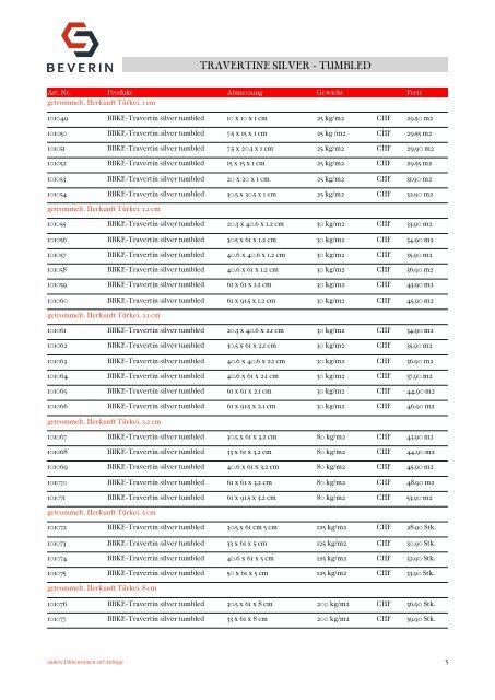 Beverin Idustries - Baukeramik & Natursteine Preisliste 2017