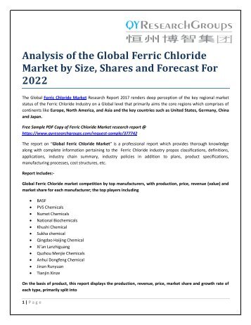 Analysis of the Global Ferric Chloride Market by Size, Shares and Forecast For 2022