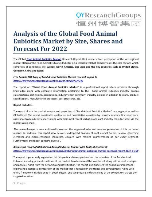 Analysis of the Global Food Animal Eubiotics Market by Size, Shares and Forecast For 2022