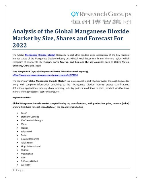 Analysis of the Global Manganese Dioxide Market by Size, Shares and Forecast For 2022