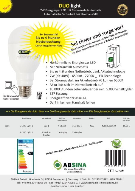 Absina Katalog Duo Light mit Netzausfall Elektronik 2017