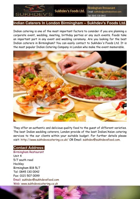 Indian Caterers In London Birmingham – Sukhdev&#039;s Foods Ltd.