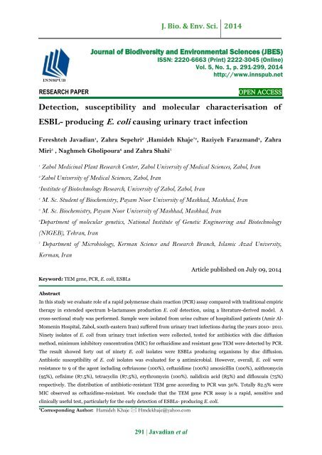 Detection, susceptibility and molecular characterisation of ESBL- producing E. coli causing urinary tract infection