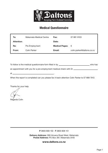 Daltons Medical Questionaire 0316