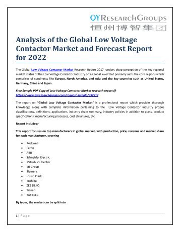 Analysis of the Global Low Voltage Contactor Market and Forecast Report for 2022