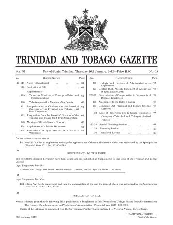 Gazette No. 10, Vol. 51, 26th January, 2012 - Trinidad and Tobago ...