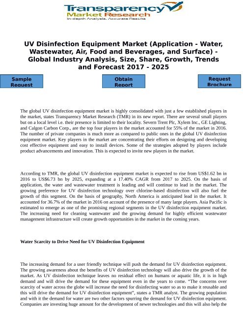 UV Disinfection Equipment Market (Application - Water, Wastewater, Air, Food and Beverages, and Surface) - Global Industry Analysis, Size, Share, Growth, Trends and Forecast 2017 - 2025