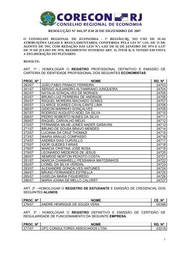 RESOLUÇÃO Nº 044/07 EM 20 DE DEZEMBRO - CORECON-RJ