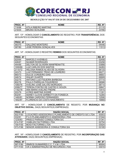 RESOLUÇÃO Nº 044/07 EM 20 DE DEZEMBRO - CORECON-RJ