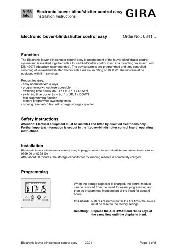 Electronic louver-blind/shutter control easy - Download - Gira