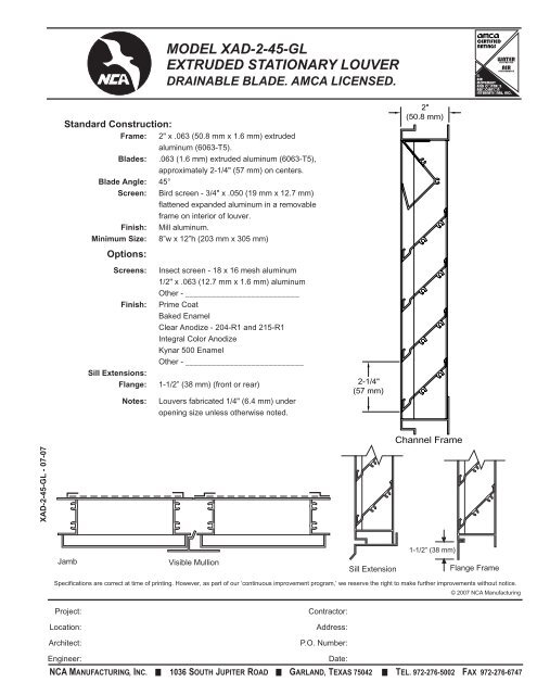 MODEL XAD-2-45-GL EXTRUDED STATIONARY LOUVER