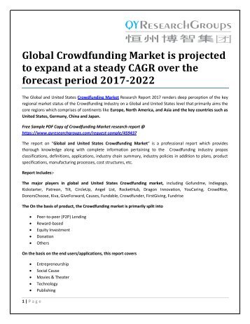 Global Crowdfunding Market is projected to expand at a steady CAGR over the forecast period 2017-2022