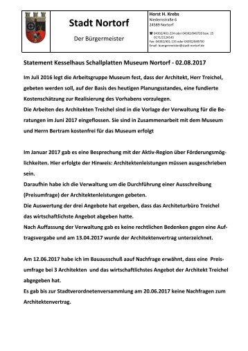 Presseerklärung des Bürgermeisters der Stadt Nortorf zum Architektenvertrag Museum