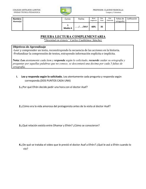 Prueba juventud en éxtasis primero medio A