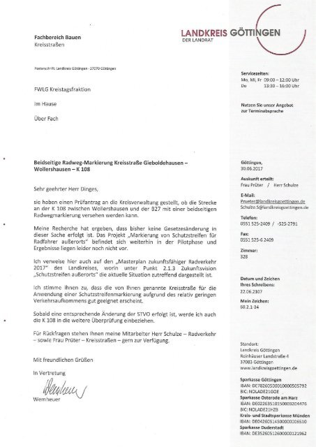 Antwort Landkreis zu Prüfantrag Radweg-Markierung K 108