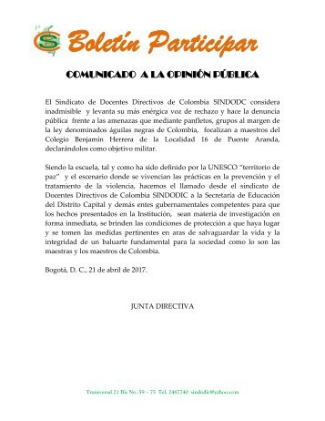 COMUNICADO  A LA OPINION PUBLICA CASO COLEGIO BENJAMIN