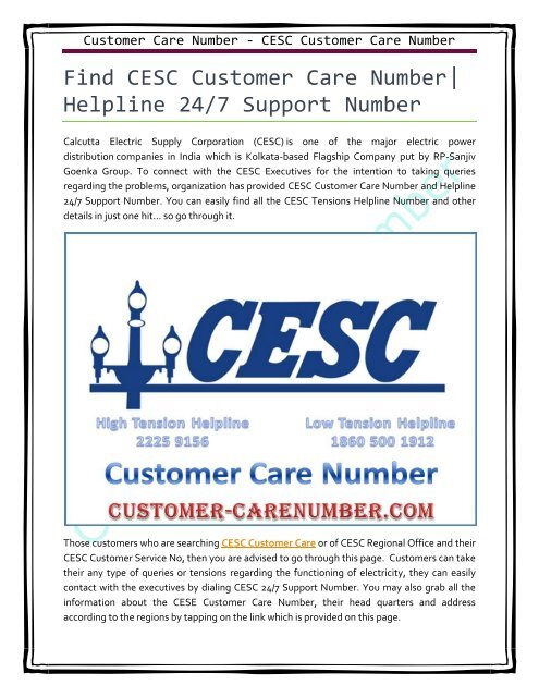 CESC Customer Care Number CESC Customer Care Number