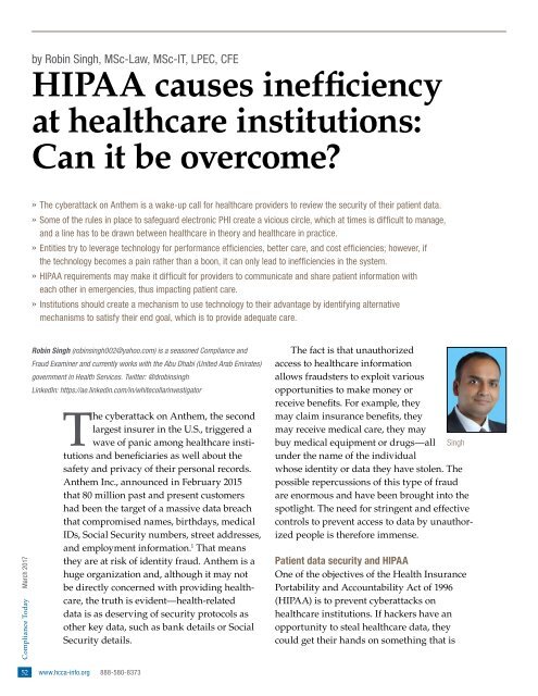 HIPAA causes inefficiency  at healthcare institutions: Can it be overcome? By Robin Singh