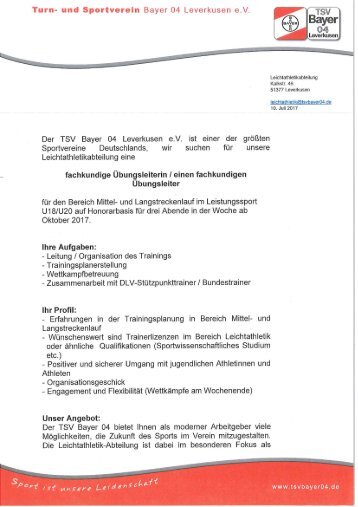 Ausschreibung Trainersuche TSV Bayer 04 Leverkusen
