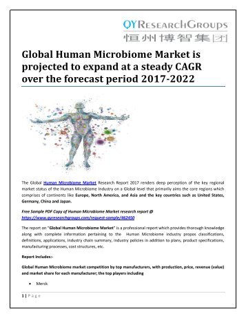 Global Human Microbiome Market is projected to expand at a steady CAGR over the forecast period 2017-2022
