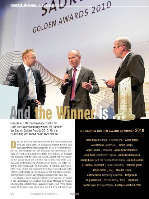FONDS professionell: "Die Sauren Golden Award Gewinner 2010