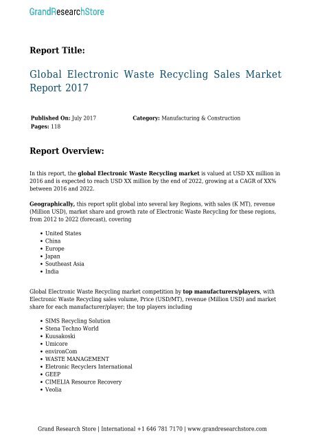 Global Electronic Waste Recycling Sales Market Report 2017