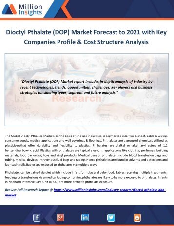 Dioctyl Pthalate (DOP) Market Forecast to 2021 with Key Companies Profile & Cost Structure Analysis