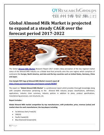 Global Almond Milk Market is projected to expand at a steady CAGR over the forecast period 2017-2022