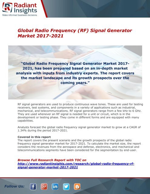 Radio Frequency (RF) Signal Generator Market Growth Report 2017 By Radiant Insights,Inc