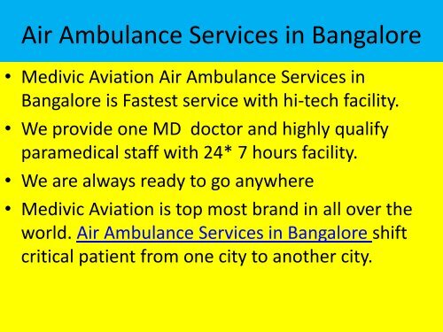 Advance Facility Air Ambulance Service in Bangalore with Low Fare