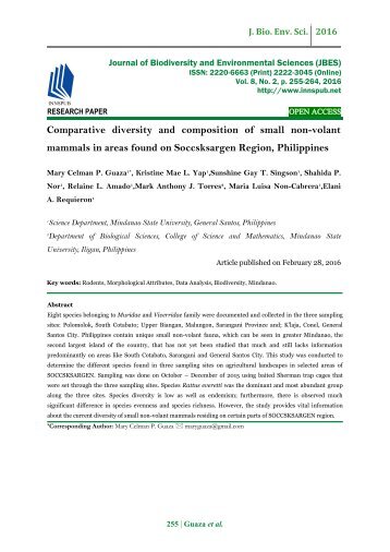 Comparative diversity and composition of small non-volant mammals in areas found on Soccsksargen Region, Philippines