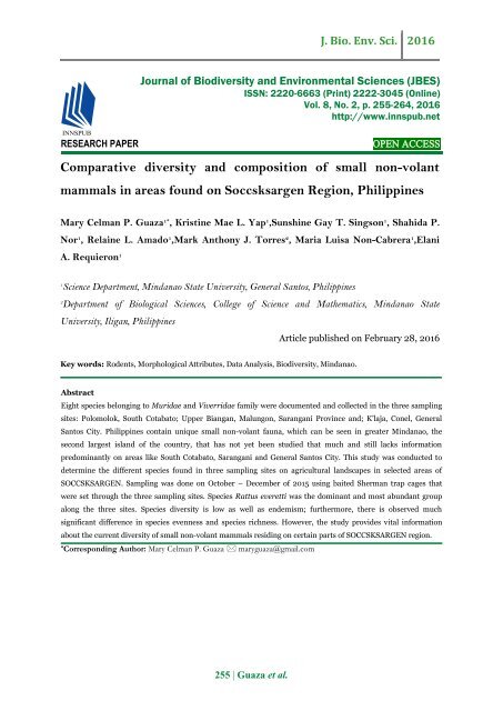 Comparative diversity and composition of small non-volant mammals in areas found on Soccsksargen Region, Philippines