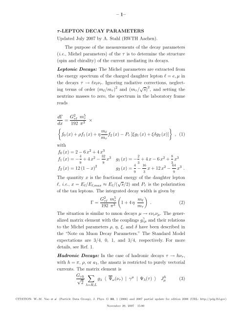 tau-Lepton Decay Parameters - Particle Data Group