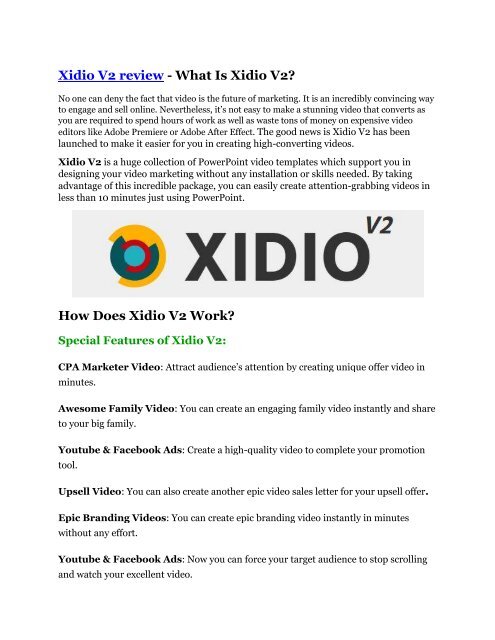 Xidio V2 review demo and premium bonus