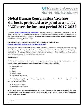 Global Human Combination Vaccines Market is projected to expand at a steady CAGR over the forecast period 2017-2022