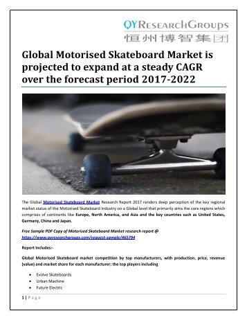 Global Motorised Skateboard Market is projected to expand at a steady CAGR over the forecast period 2017-2022