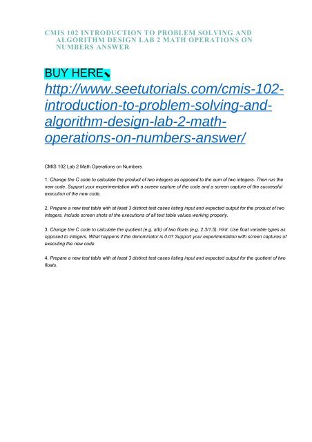 CMIS 102 INTRODUCTION TO PROBLEM SOLVING AND ALGORITHM DESIGN LAB 2 ...
