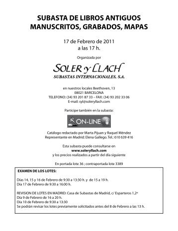 subasta de libros antiguos manuscritos, grabados ... - Soler y Llach