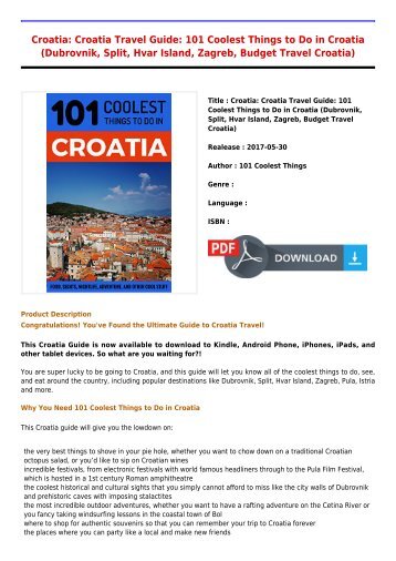 Downloads Croatia  Croatia Travel Guide  101 Coolest Things to Do in Croatia Dubrovnik Split Hvar Island Zagreb Free Premium Books 2017