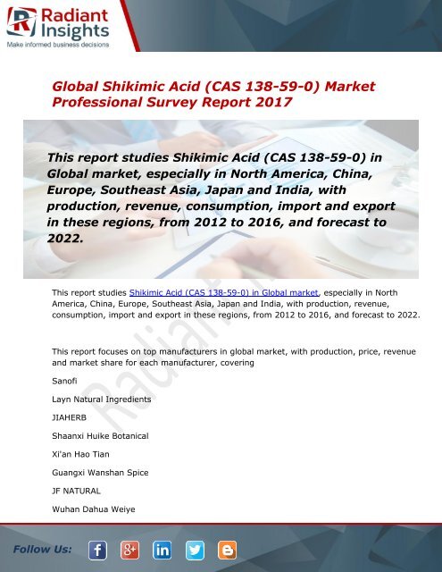 2017 Market Professional Survey explores the Global Shikimic Acid (CAS 138-59-0) Industry Growth:Radiant Insights, Inc