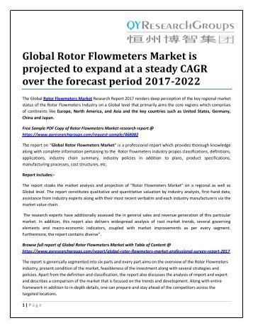 Global Rotor Flowmeters Market is projected to expand at a steady CAGR over the forecast period 2017-2022