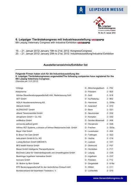 Ausstellerverz. inkl. Standnr - Leipziger Tierärztekongress