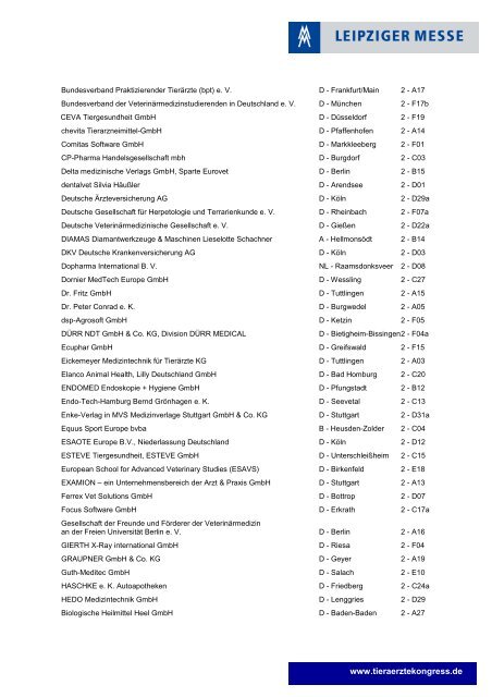 Ausstellerverz. inkl. Standnr - Leipziger Tierärztekongress