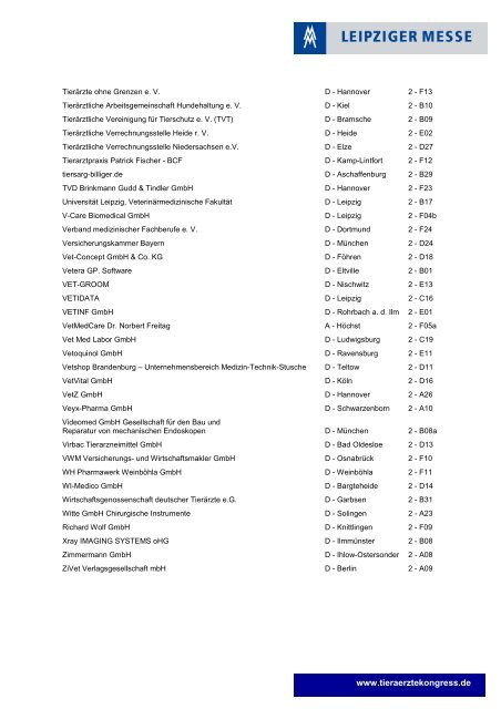 Ausstellerverz. inkl. Standnr - Leipziger Tierärztekongress